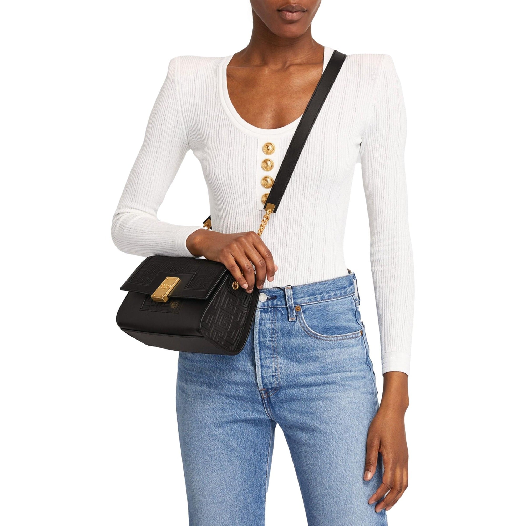 Stylish Balmain Shoulder Bag - Black Leather Embossed Flap, Must-Have!