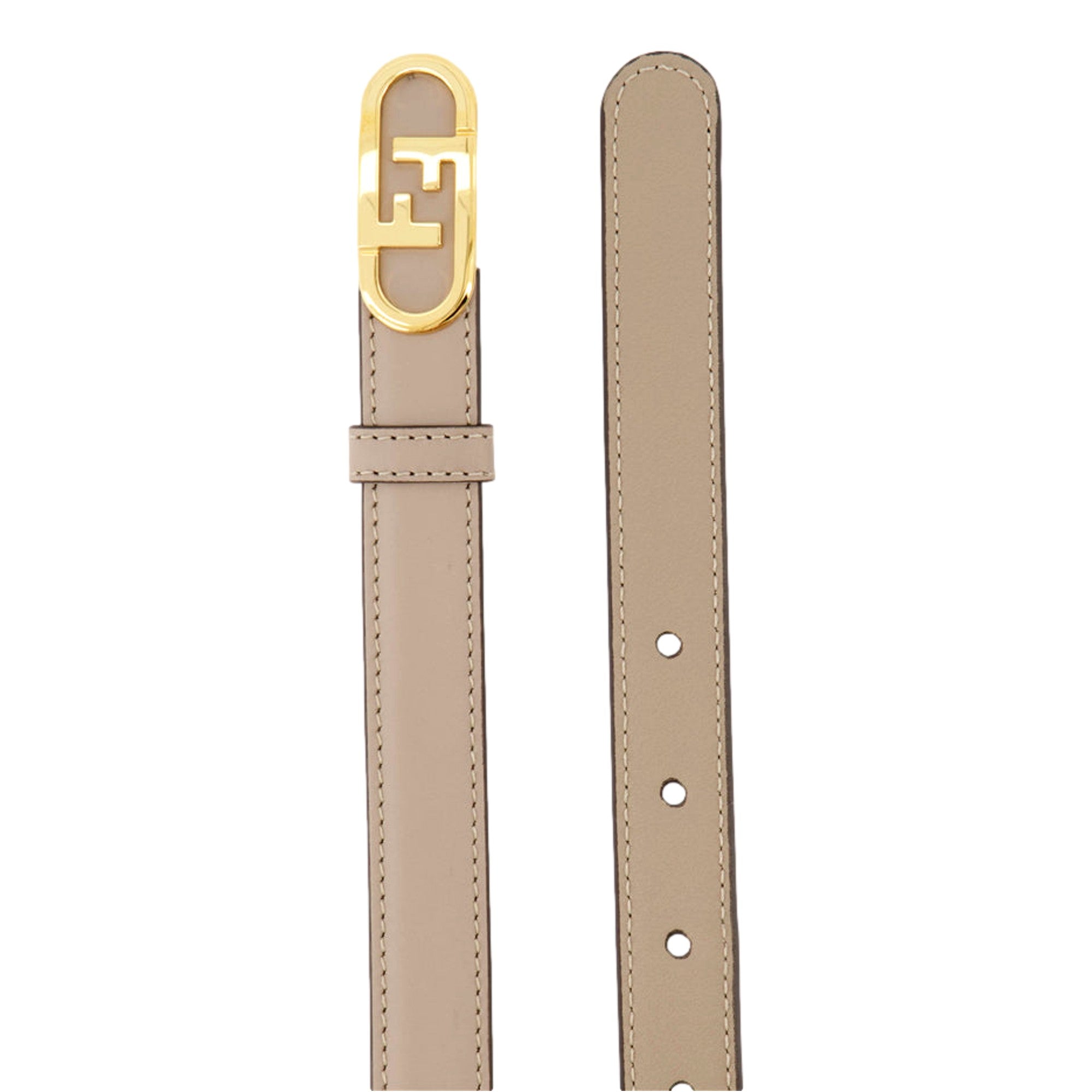 Shop Fendi Women's Belt - Elegant Grey Tortora O'Lock - Size 80 -  The Fendi Tortora O'Lock Belt showcases an elegant and refined style, crafted from smooth leather and highlighted by a striking gold Fendi O'Lock buckle. Its adjustable fit and prominent metallic logo lettering blend practicality with high fashion seamlessly. This accessory is essential for enhancing any ensemble. Size 80.8C0652 Shop Bags 