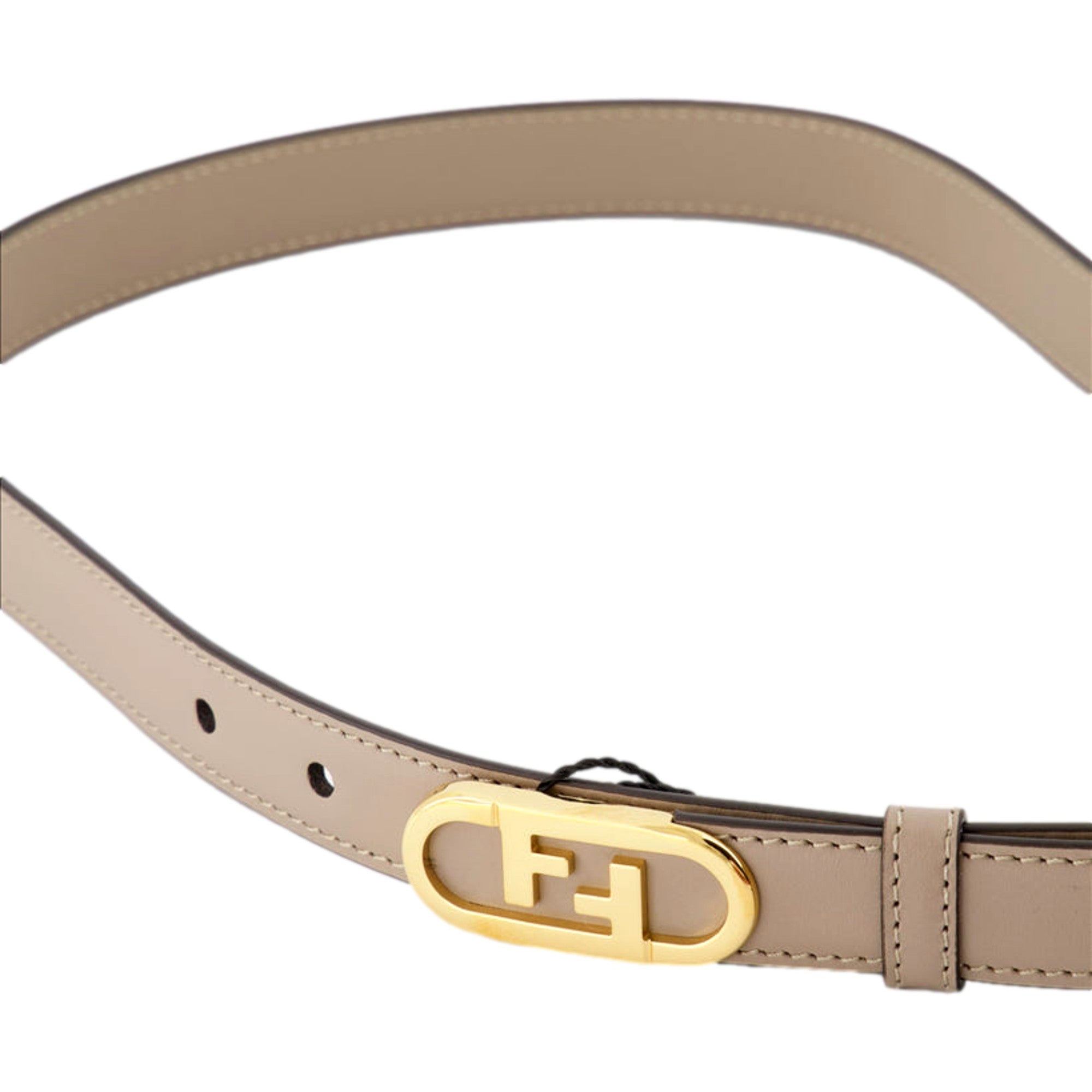 Shop Fendi Women's Belt - Elegant Grey Tortora O'Lock - Size 80 -  The Fendi Tortora O'Lock Belt showcases an elegant and refined style, crafted from smooth leather and highlighted by a striking gold Fendi O'Lock buckle. Its adjustable fit and prominent metallic logo lettering blend practicality with high fashion seamlessly. This accessory is essential for enhancing any ensemble. Size 80.8C0652 Shop Bags 