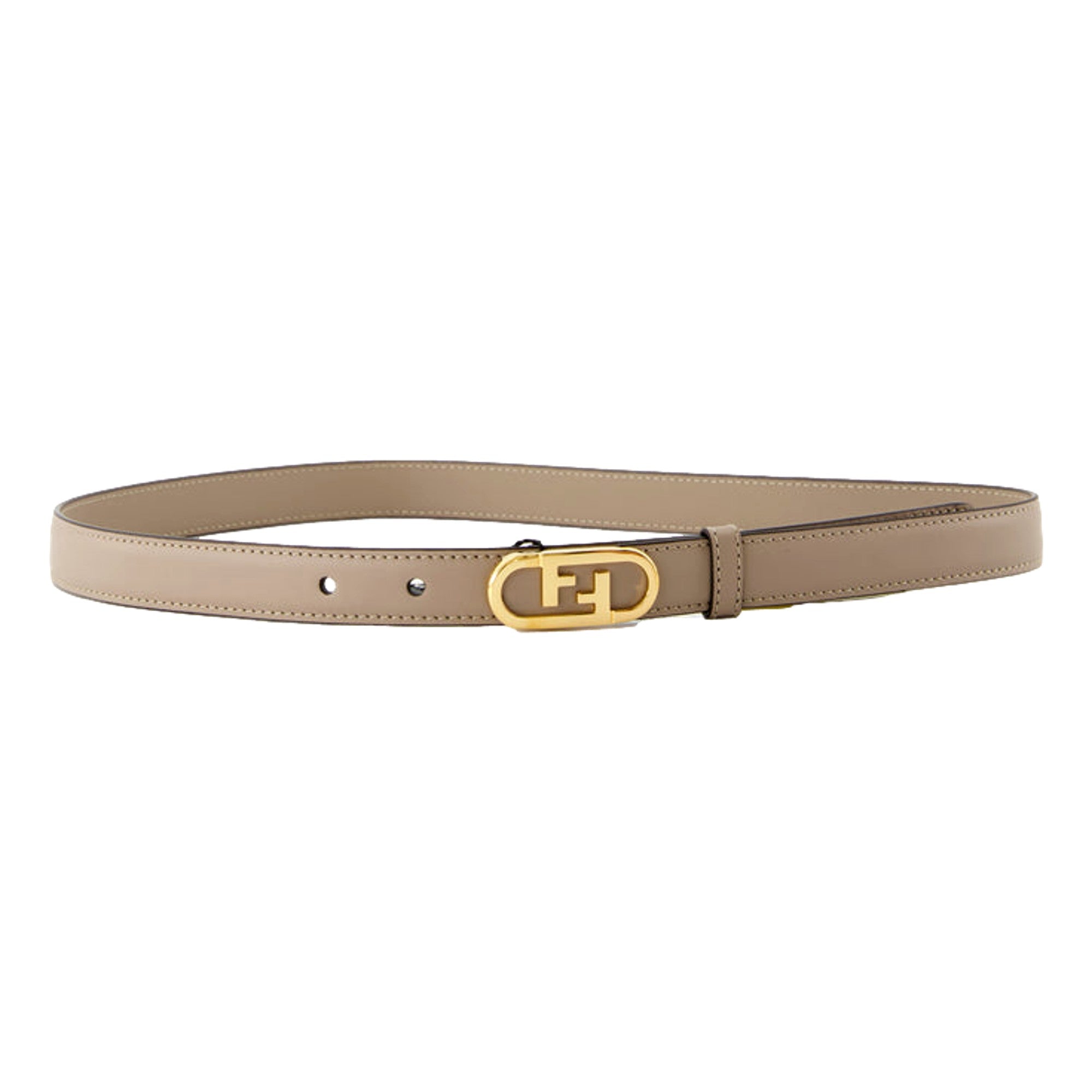 Shop Fendi Women's Belt - Elegant Grey Tortora O'Lock - Size 80 -  The Fendi Tortora O'Lock Belt showcases an elegant and refined style, crafted from smooth leather and highlighted by a striking gold Fendi O'Lock buckle. Its adjustable fit and prominent metallic logo lettering blend practicality with high fashion seamlessly. This accessory is essential for enhancing any ensemble. Size 80.8C0652 Shop Bags 
