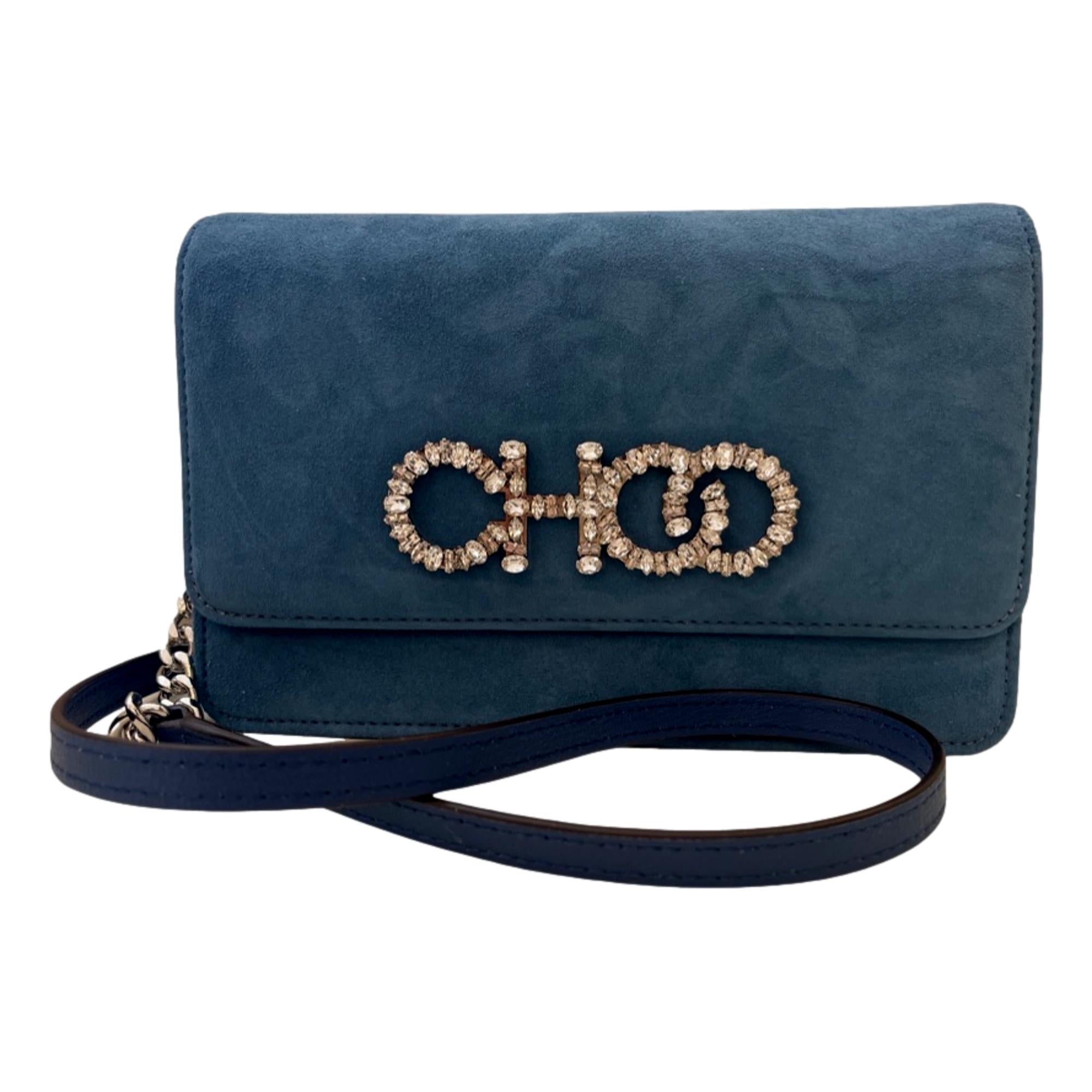 Jimmy Choo Kalina Parrot Blue Suede Chain Wallet - Shop Now