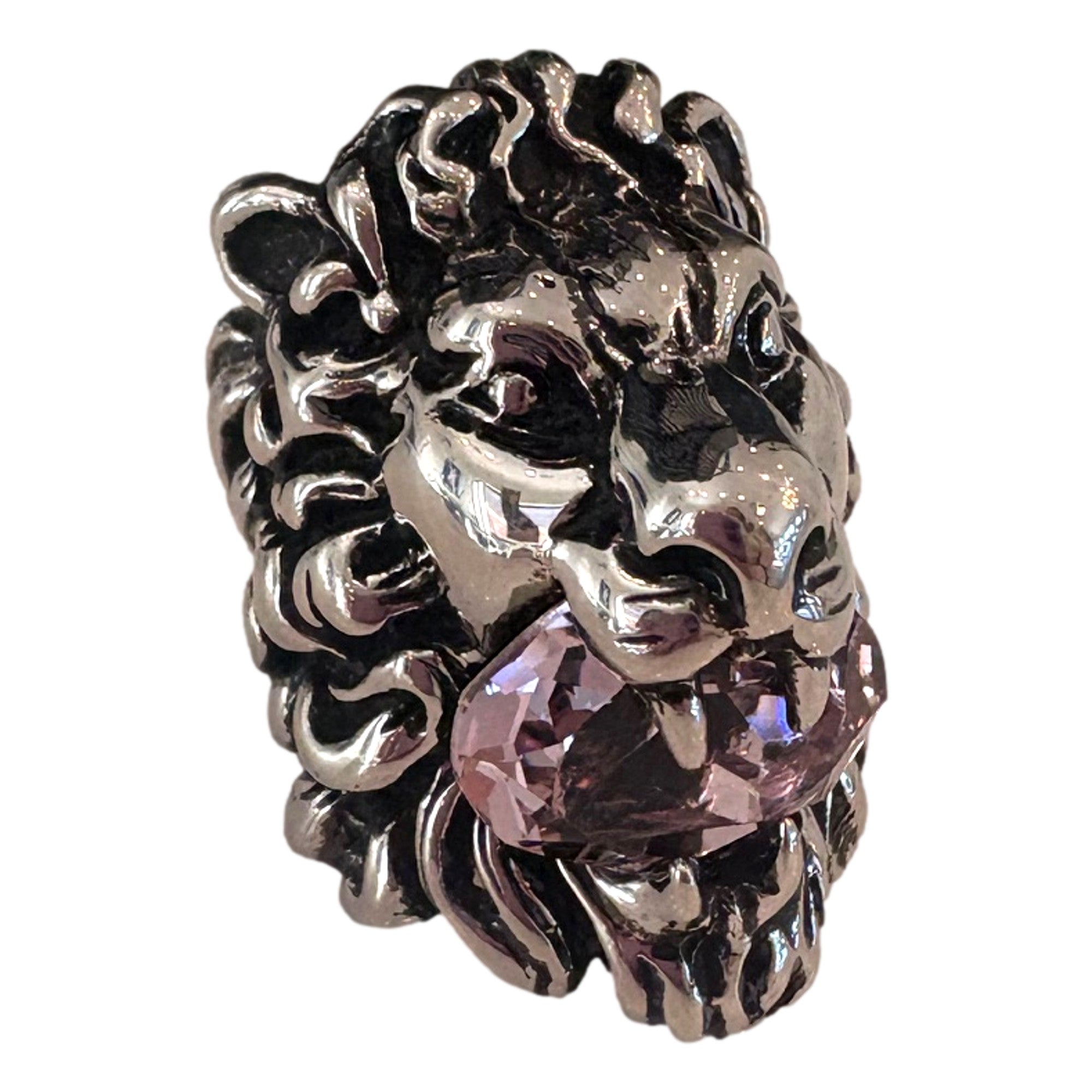 Gucci Lion Head Silver Ring with Pink Crystal - Bold & Elegant Style
