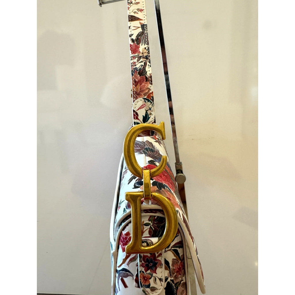 Used Leather Saddle Bag - Dior Floral Print with Gold Detailing