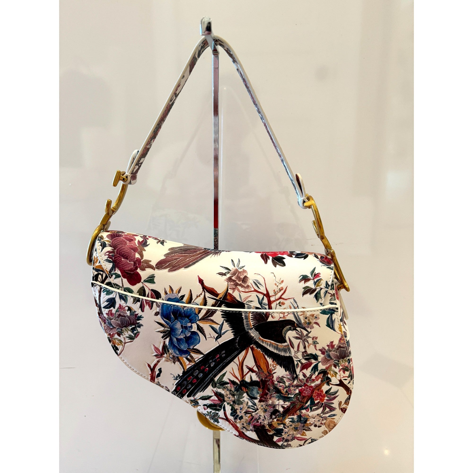 Used Leather Saddle Bag - Dior Floral Print with Gold Detailing