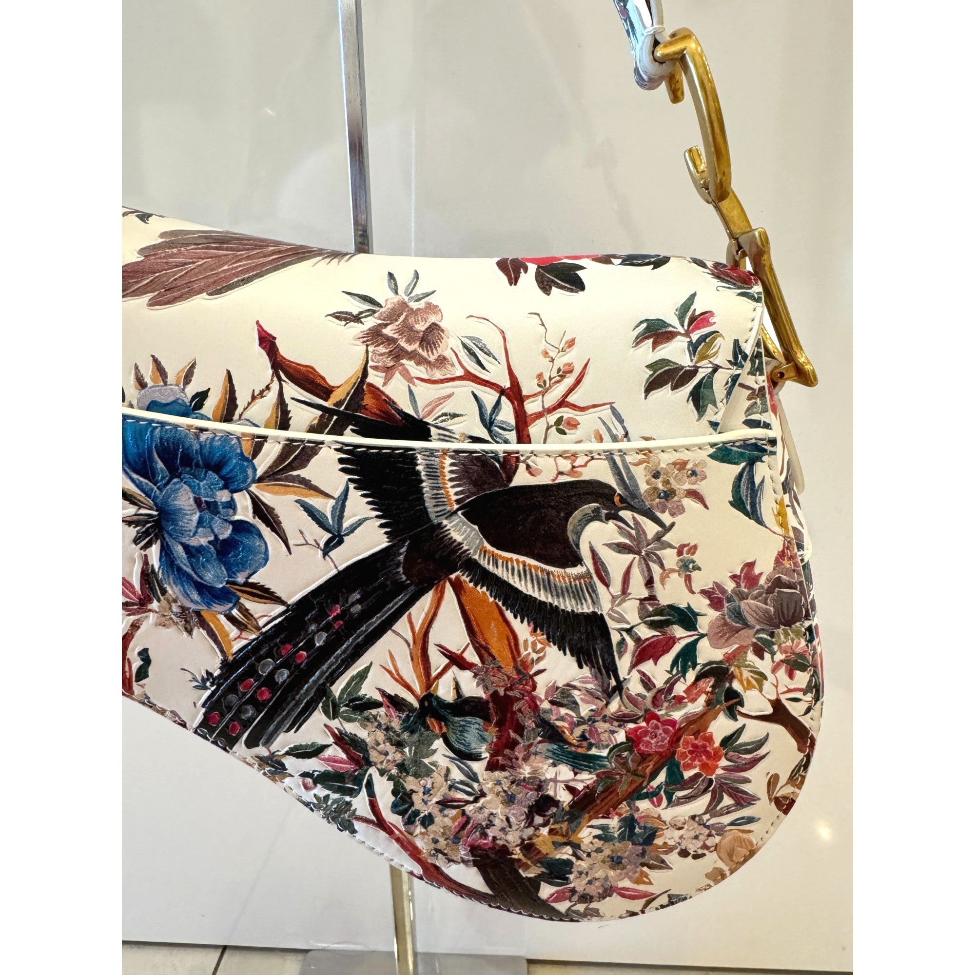Used Leather Saddle Bag - Dior Floral Print with Gold Detailing
