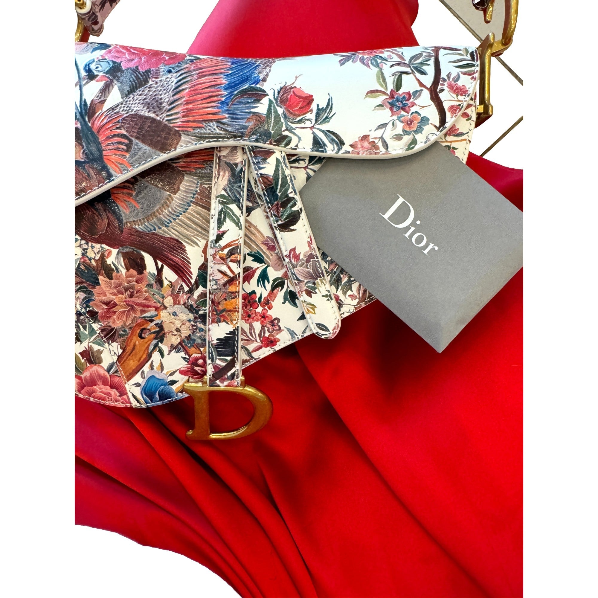 Used Leather Saddle Bag - Dior Floral Print with Gold Detailing