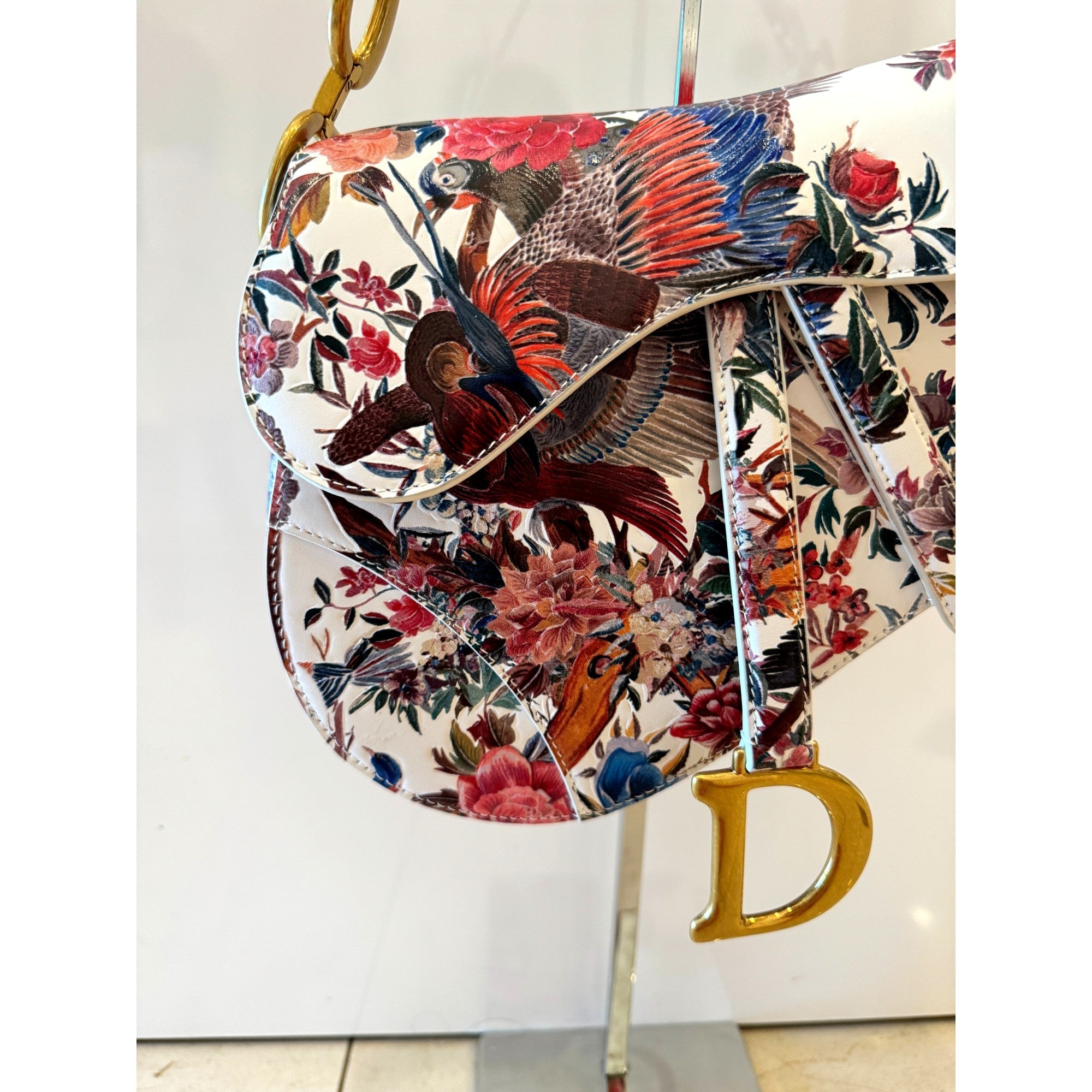Used Leather Saddle Bag - Dior Floral Print with Gold Detailing