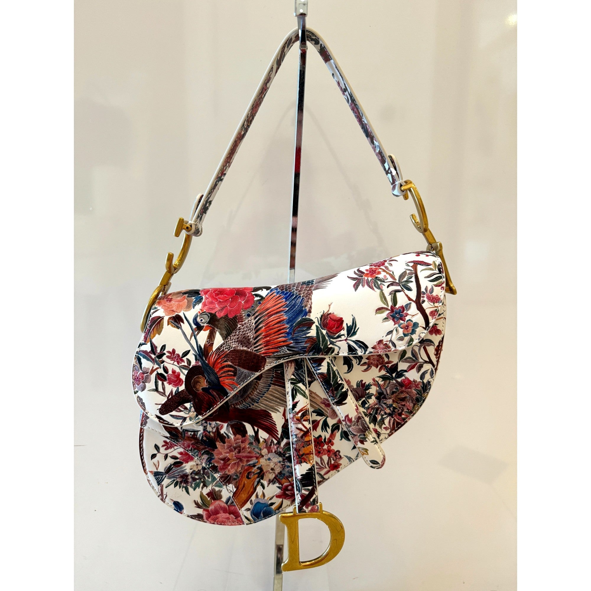Used Leather Saddle Bag - Dior Floral Print with Gold Detailing