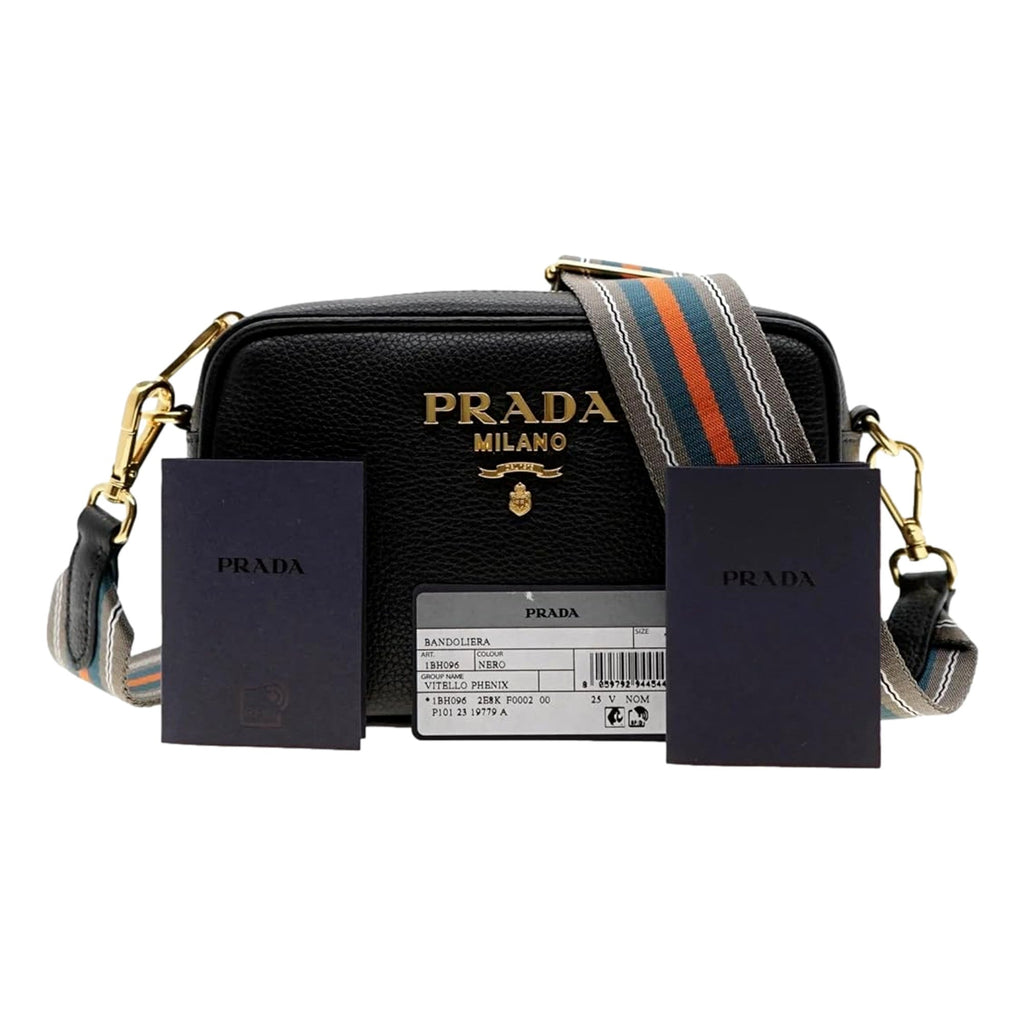 Luxury Black Leather Crossbody Bag | Prada Purse with Web Stripe Strap