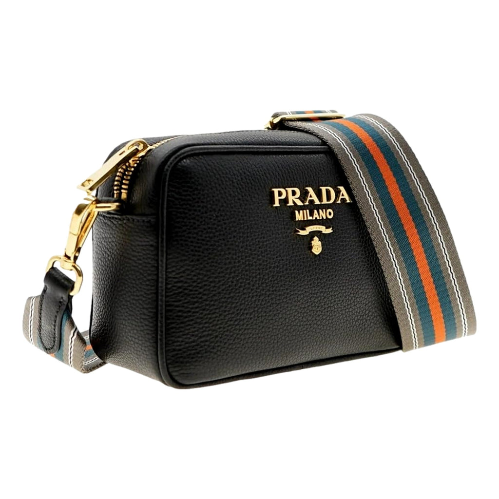 Luxury Black Leather Crossbody Bag | Prada Purse with Web Stripe Strap
