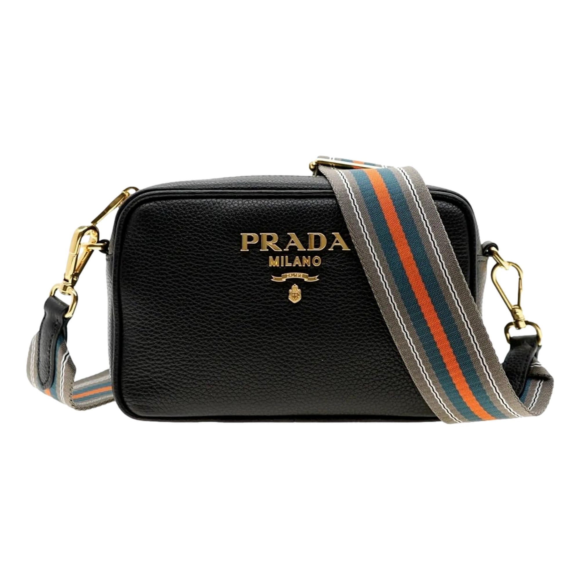 Luxury Black Leather Crossbody Bag | Prada Purse with Web Stripe Strap