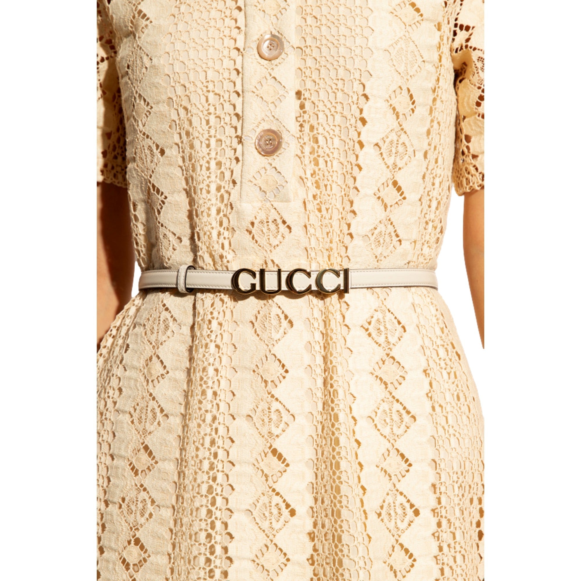 Gucci Cream Leather Belt - Gold Logo, Chic Accessory for Any Outfit