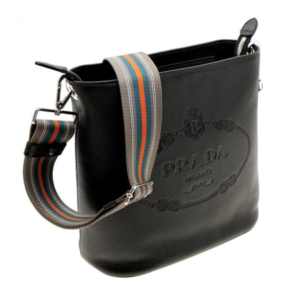 Prada Black Leather Bucket Bag - Stylish Crossbody & Web Strap