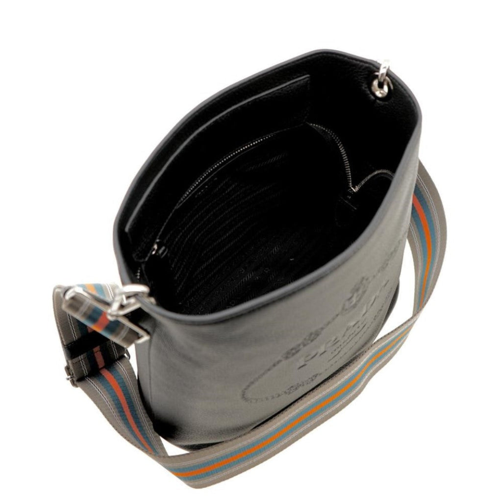 Prada Black Leather Bucket Bag - Stylish Crossbody & Web Strap