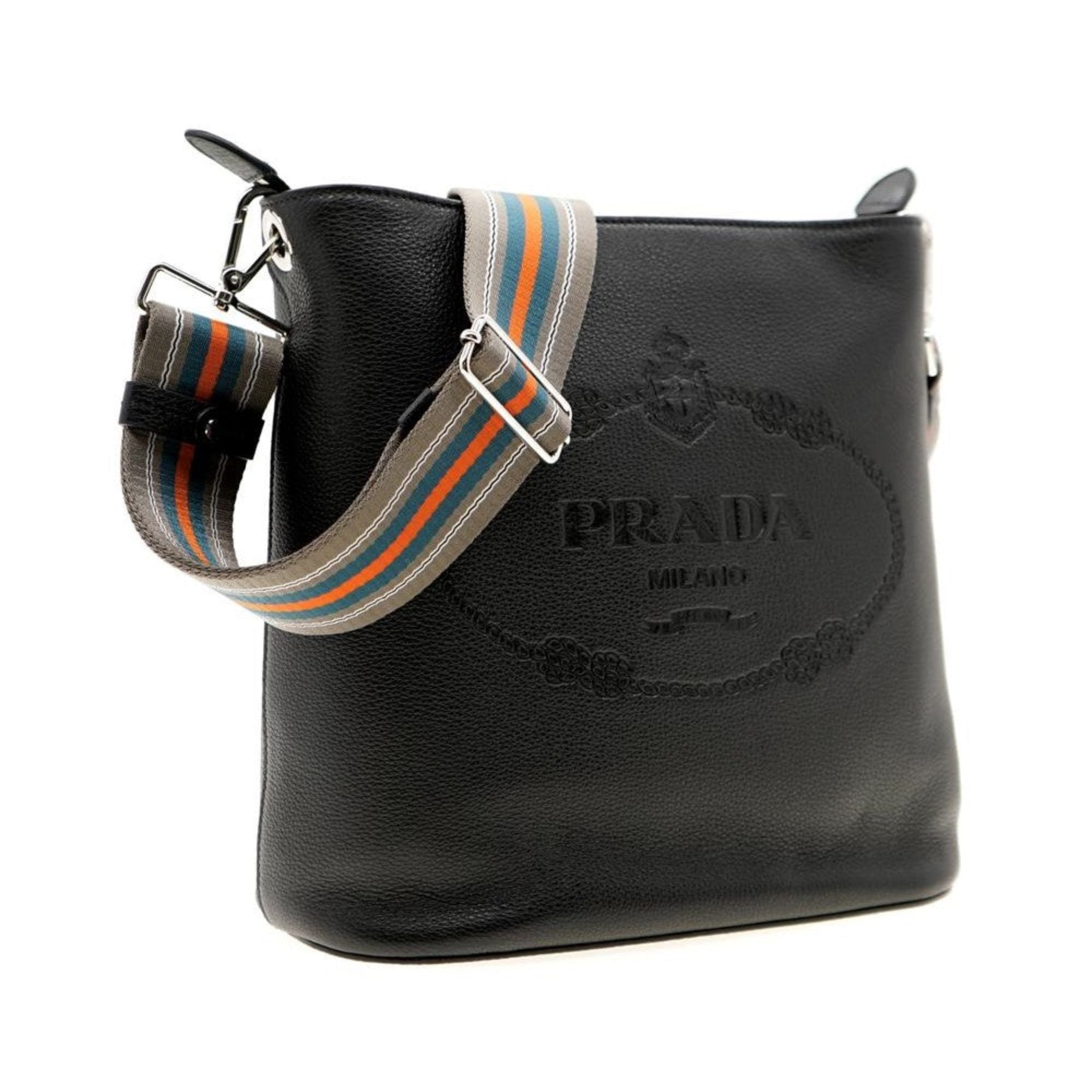 Prada Black Leather Bucket Bag - Stylish Crossbody & Web Strap