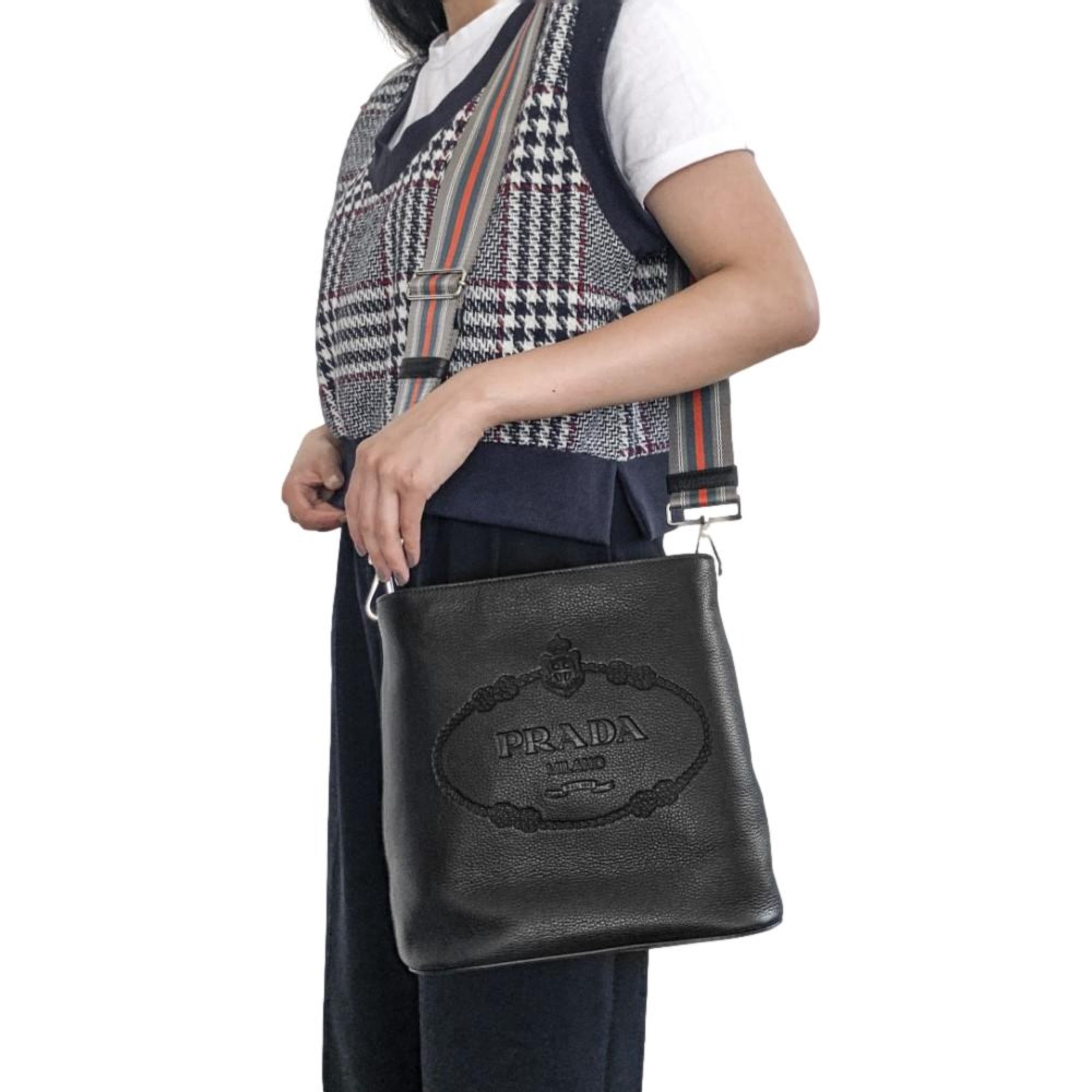 Prada Black Leather Bucket Bag - Stylish Crossbody & Web Strap