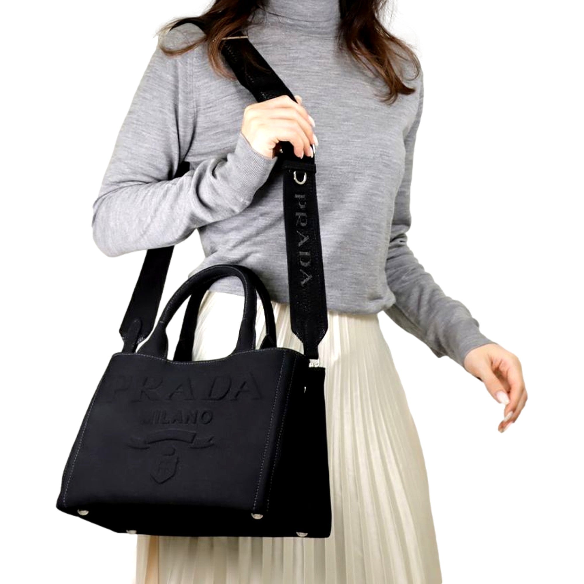 Elegant Black Canvas Tote Handbag | Prada Canapa Tote Handbag