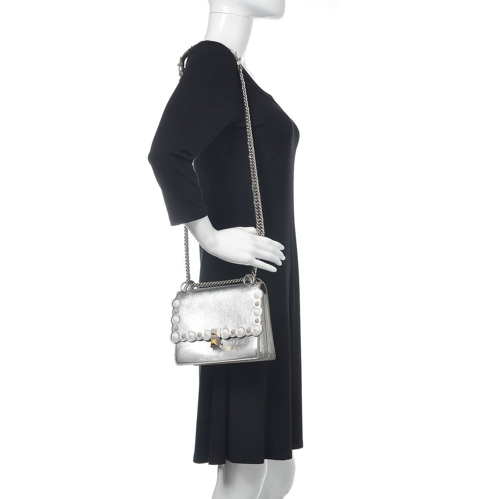 Fendi Kan I Metallic Silver Bag - Scalloped, Studded & Stylish