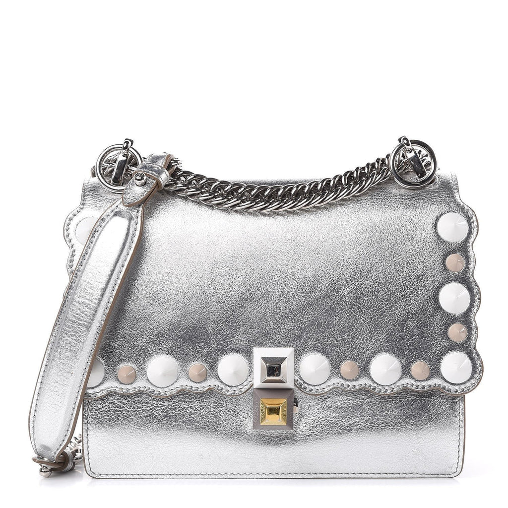 Fendi Kan I Metallic Silver Bag - Scalloped, Studded & Stylish