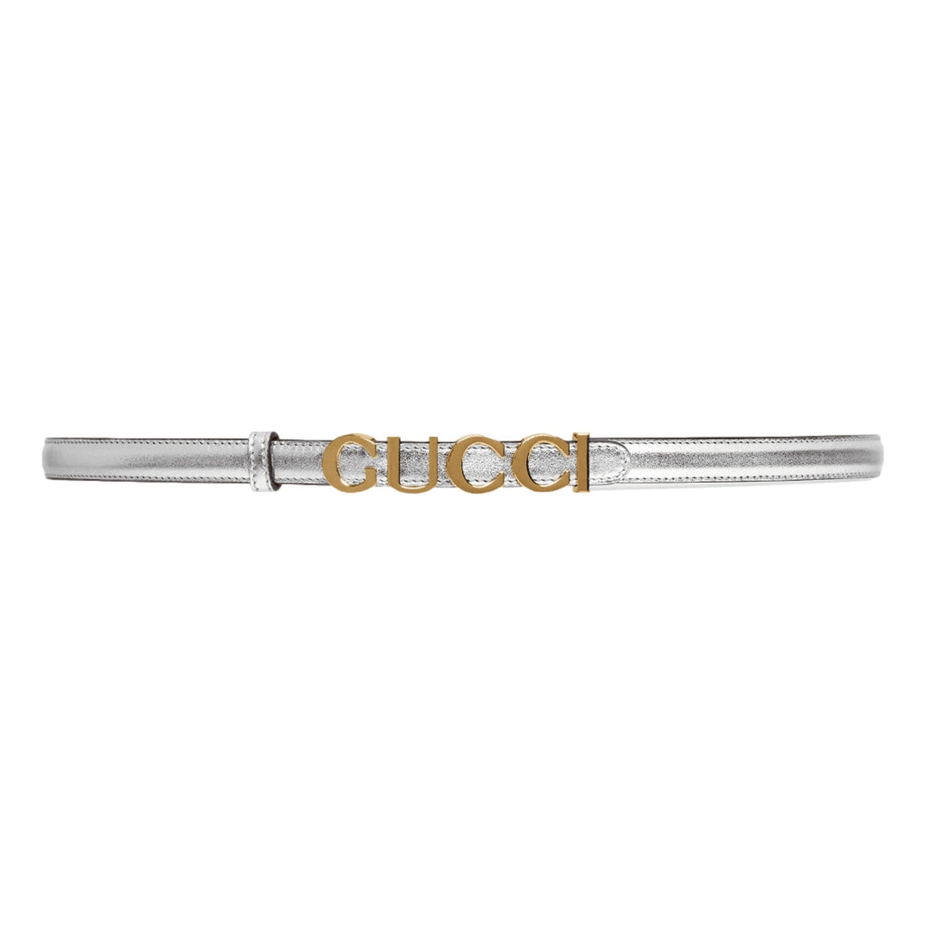 Gucci Silver Leather Belt with Gold Logo - Luxe Style for Any Look