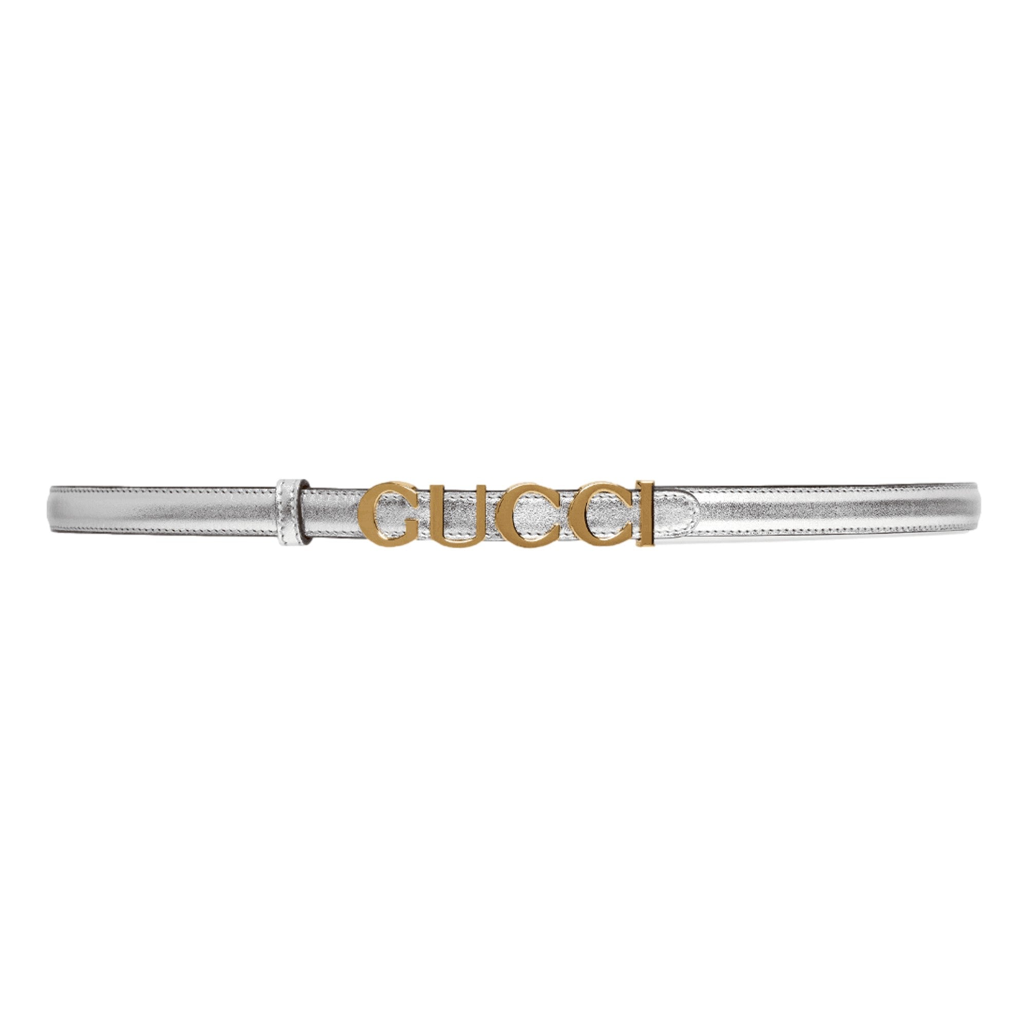 Gucci Silver Leather Belt with Gold Logo - Luxe Style for Any Look