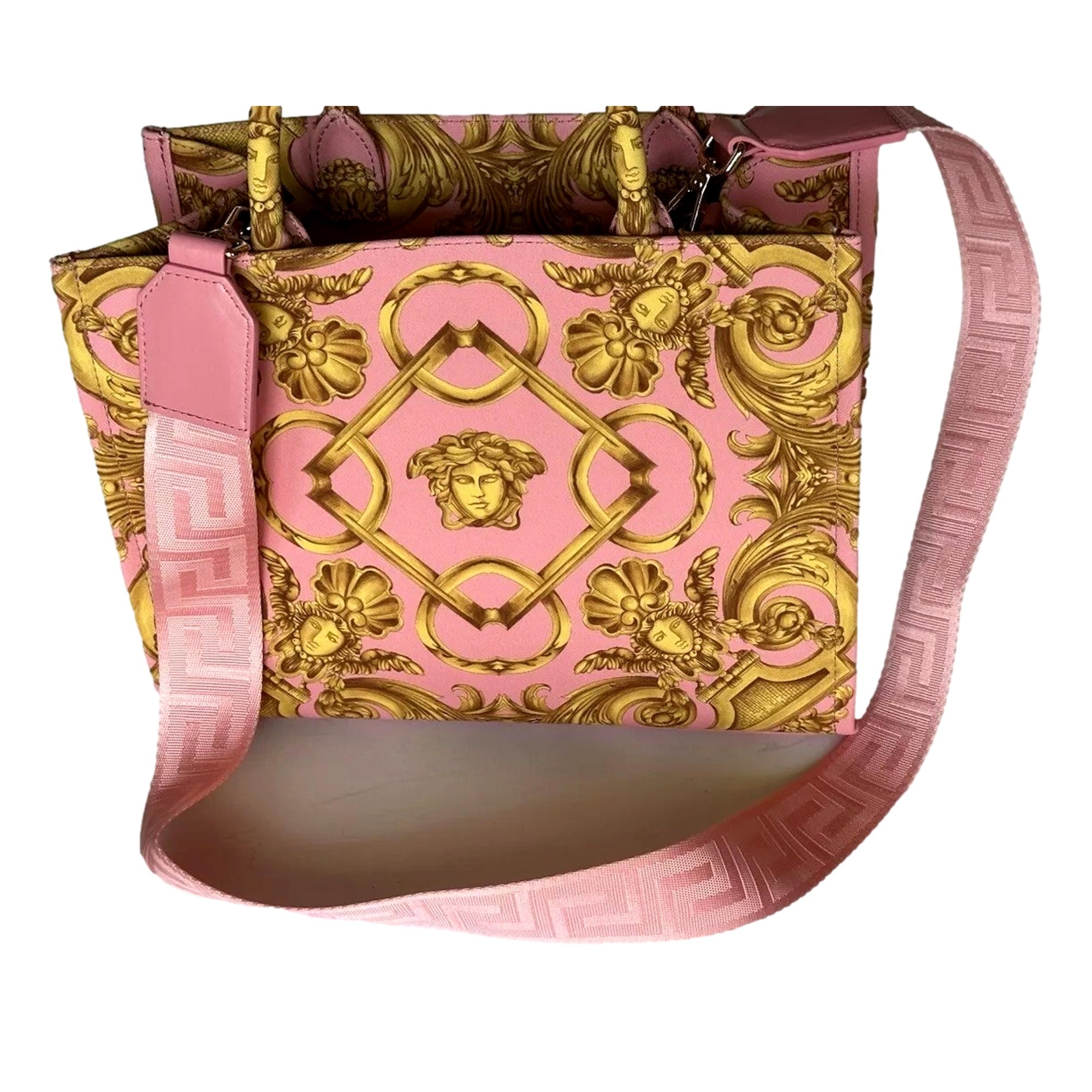 Versace Pink Tote: Elegant Small Canvas Tote with Signature Print