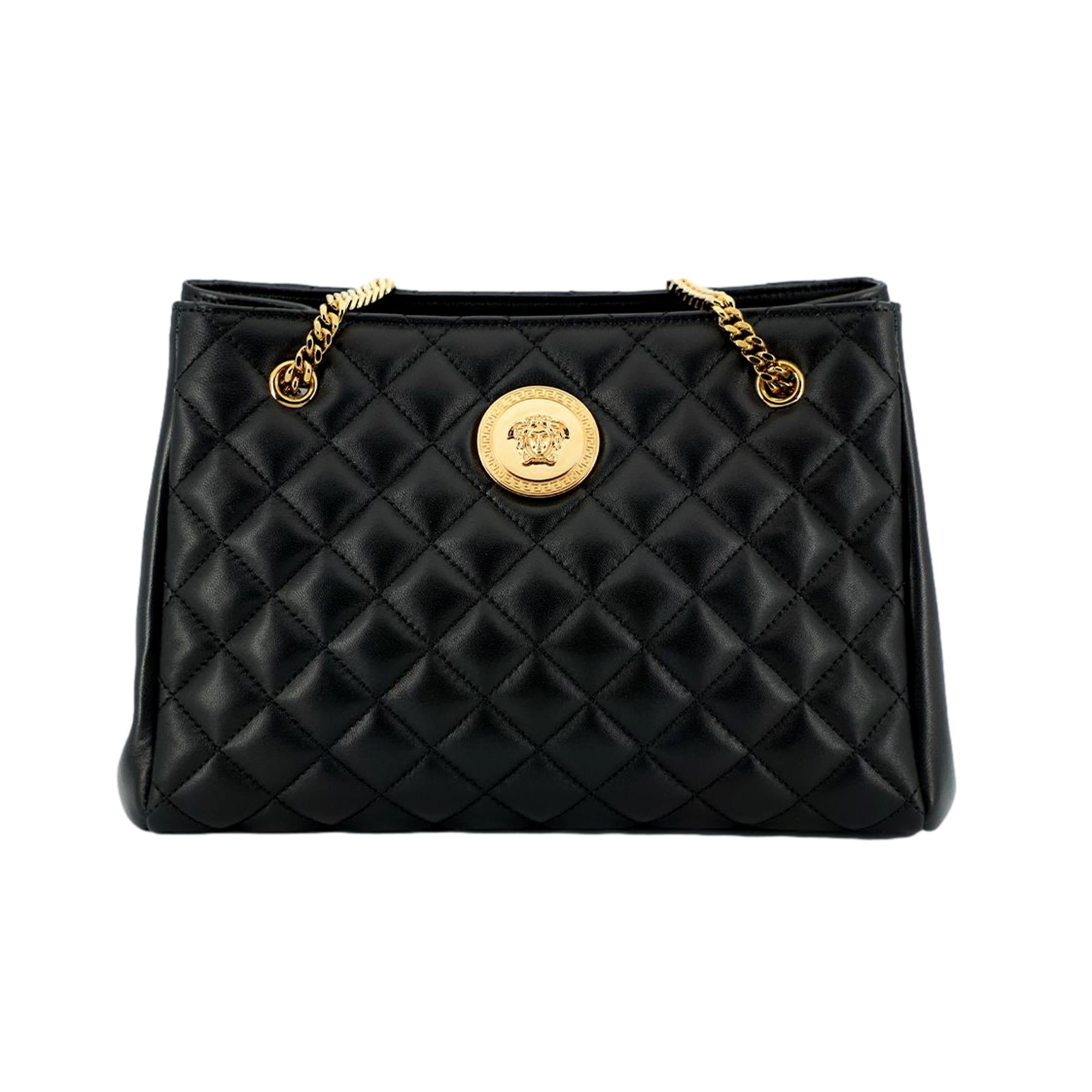 Black Leather Large Tote Bag – Versace Medusa Quilted Sophistication