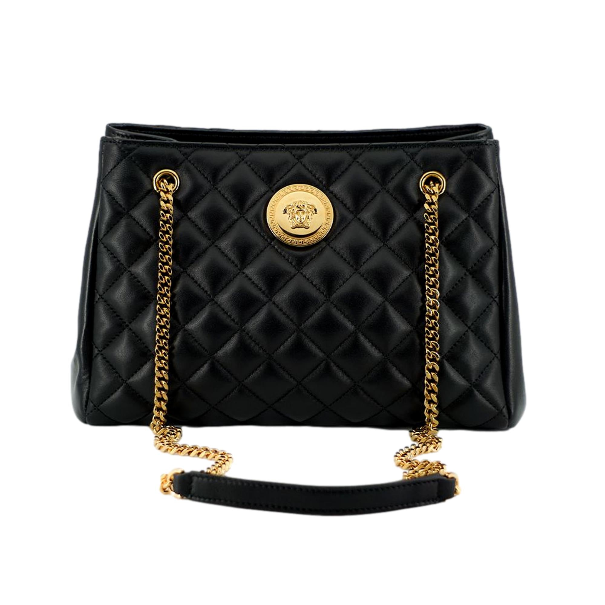 Black Leather Large Tote Bag – Versace Medusa Quilted Sophistication