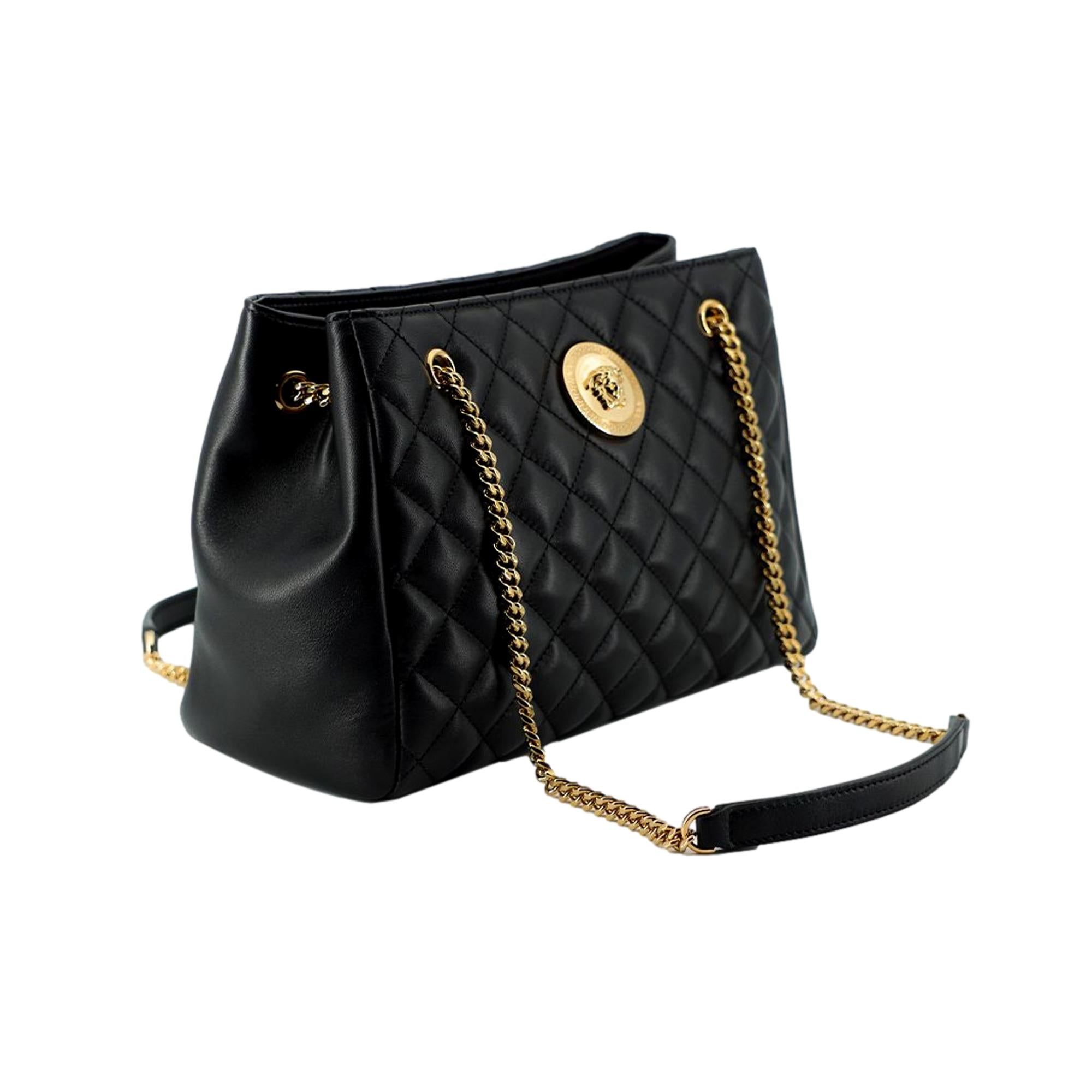 Black Leather Large Tote Bag – Versace Medusa Quilted Sophistication