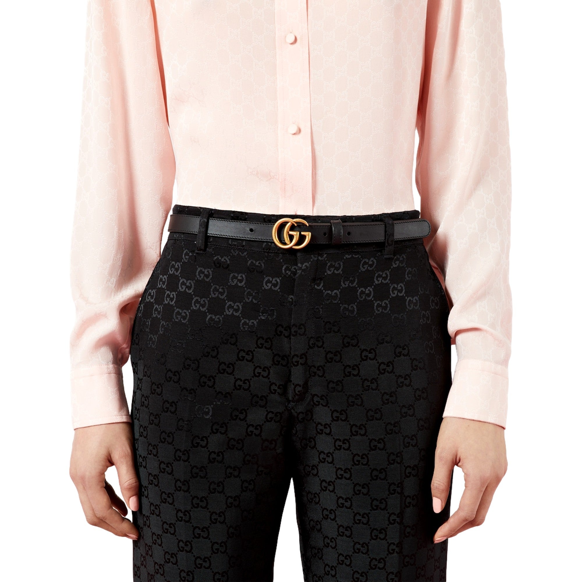 Gucci Gold GG Marmont Thin Black Belt - Elegant Leather Accessory