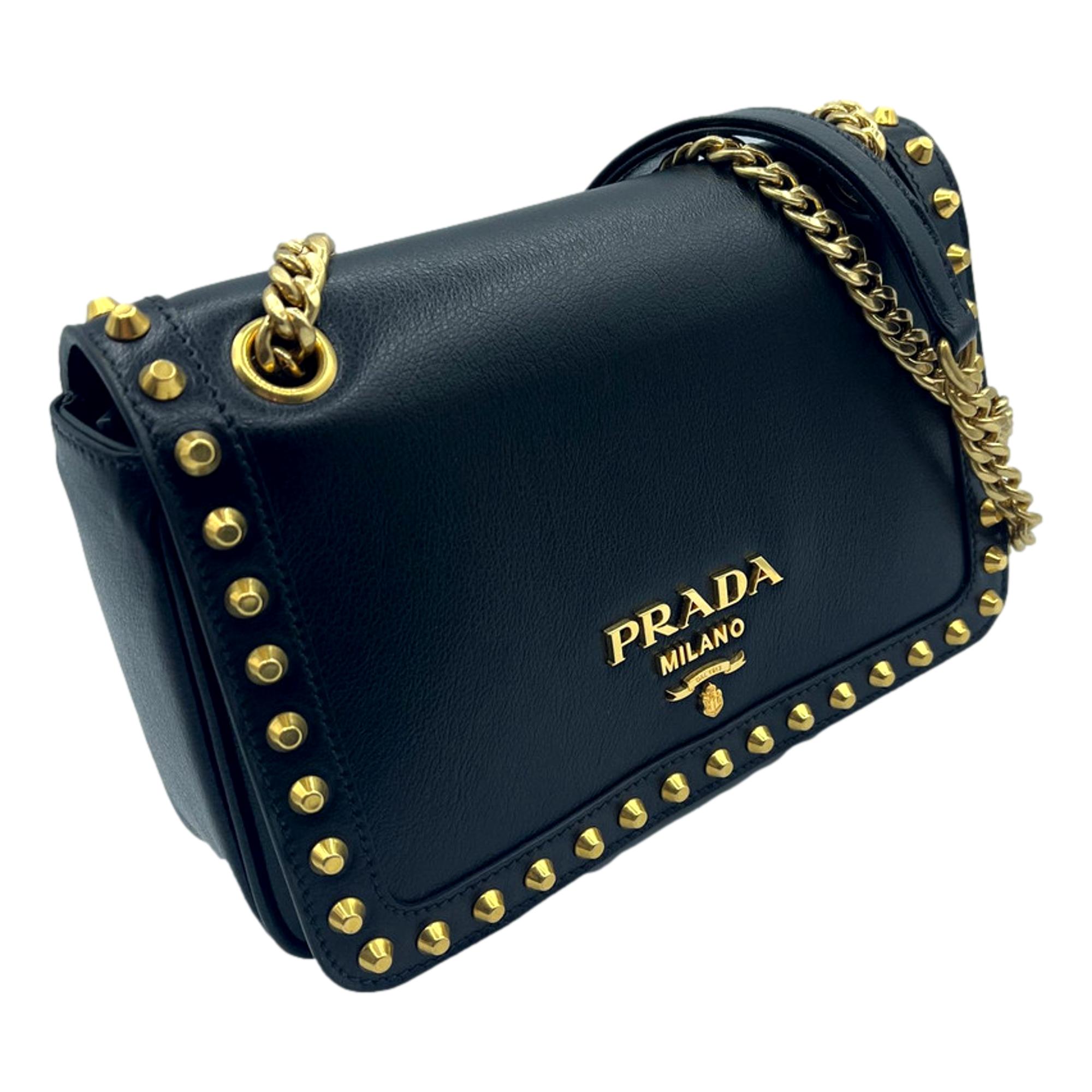 Prada Pattina Black Leather Studded Crossbody Bag - Luxury & Elegance