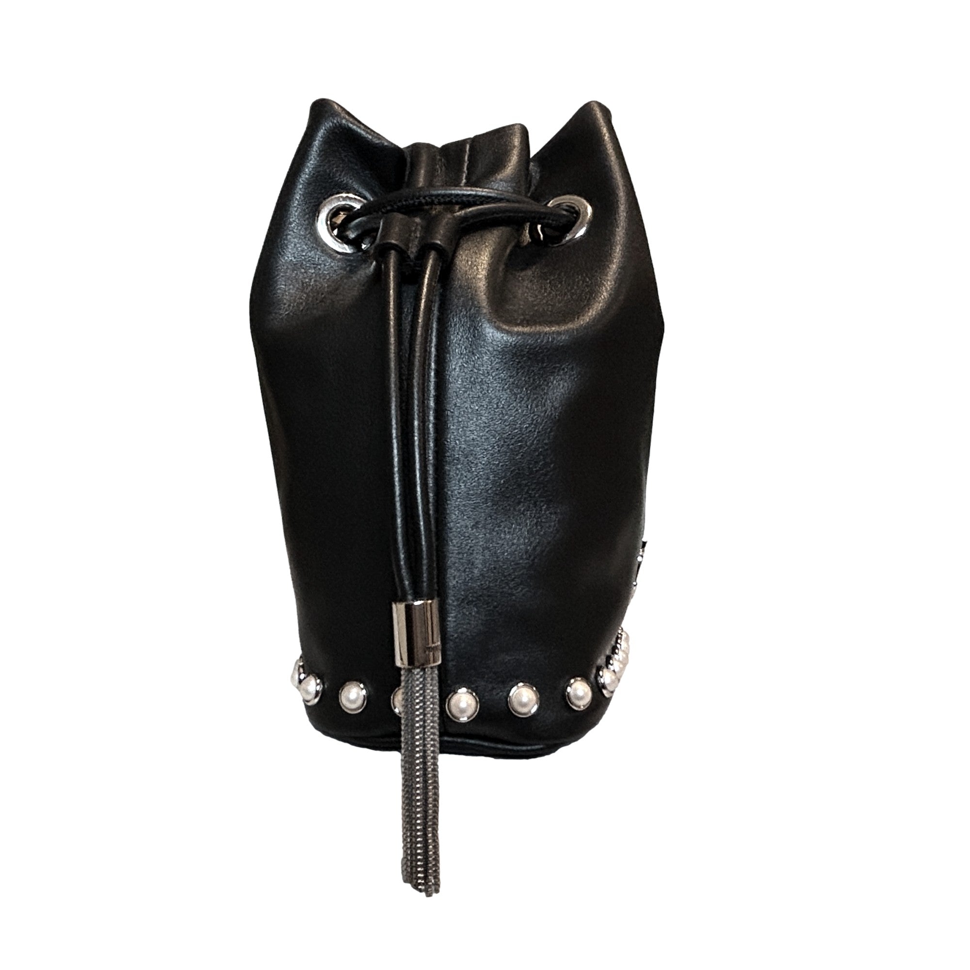 Elegant Black Bucket Bag: Jimmy Choo Crossbody with Pearl Details