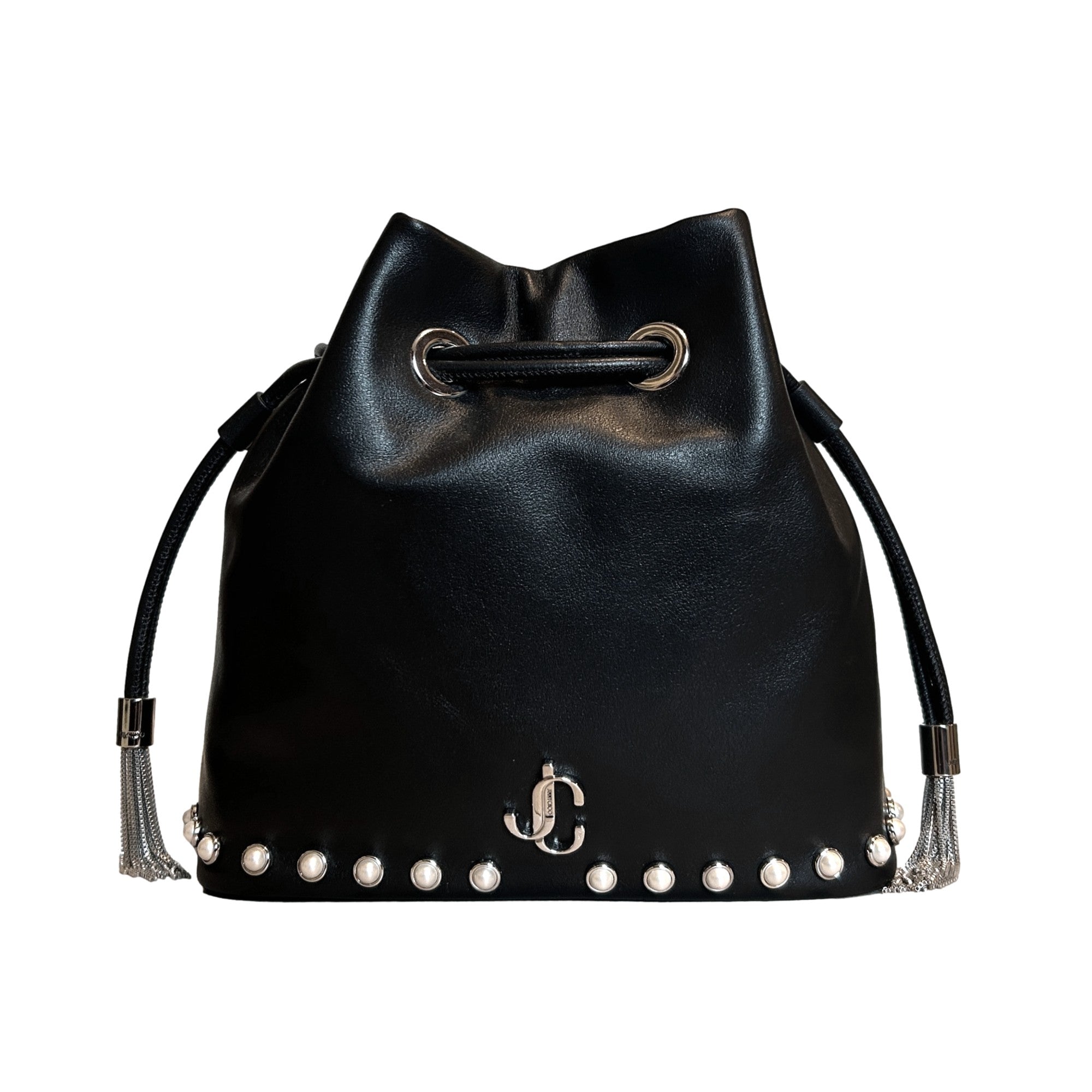 Elegant Black Bucket Bag: Jimmy Choo Crossbody with Pearl Details