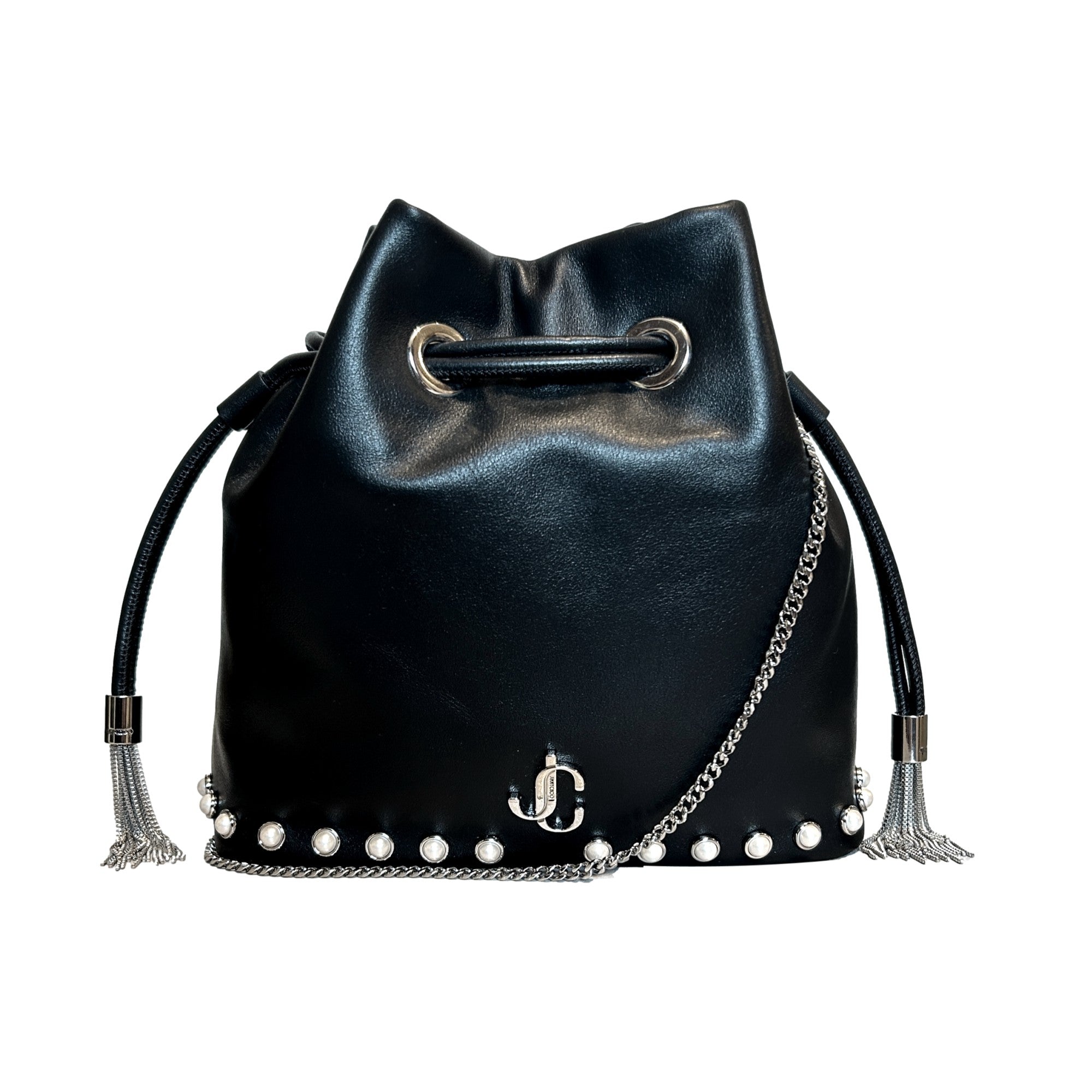 Elegant Black Bucket Bag: Jimmy Choo Crossbody with Pearl Details