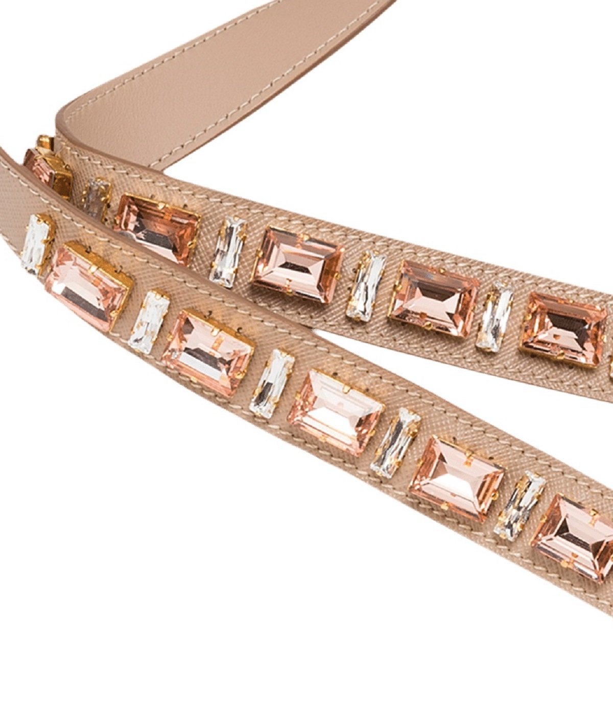 Prada Blush Pink Crystal Strap: Elegant Accessory for Any Handbag -  This elegant Prada Strap adds a subtle touch of sparkle to any handbag. Featuring lobster claw clasps on both ends, it offers effortless attachment for immediate use.Model: 1TY006Cammeo Beige (Blush Pink) Saffiano LeatherJeweledLength: 41inchesIncludes authenticity cards and boxMade in Italy Shop Bags 